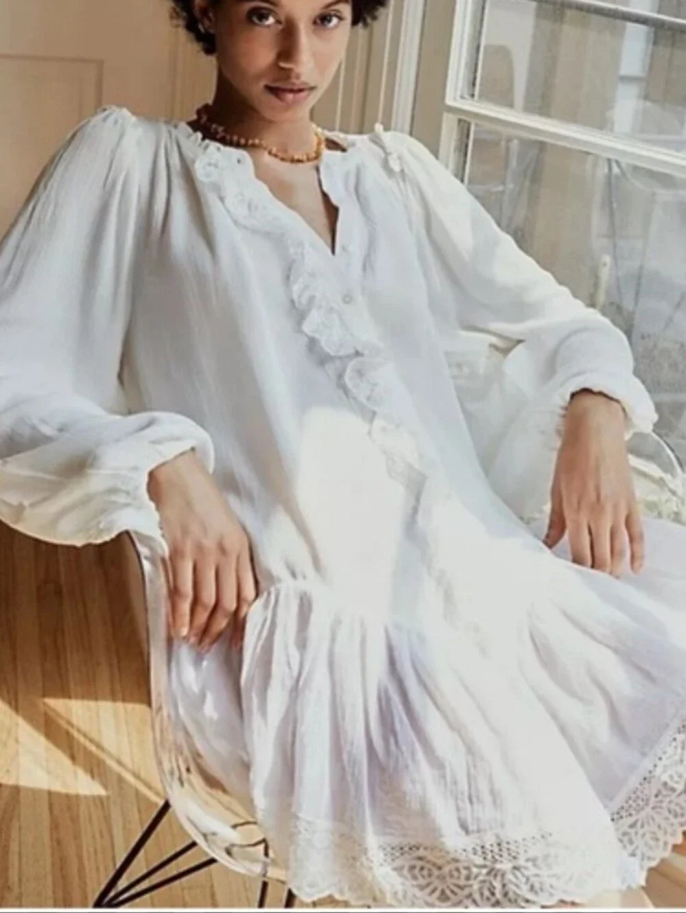 FREE PEOPLE JEANNETTE Ivory Edwardian Regency Lace Tunic Dress Darcy Boho
